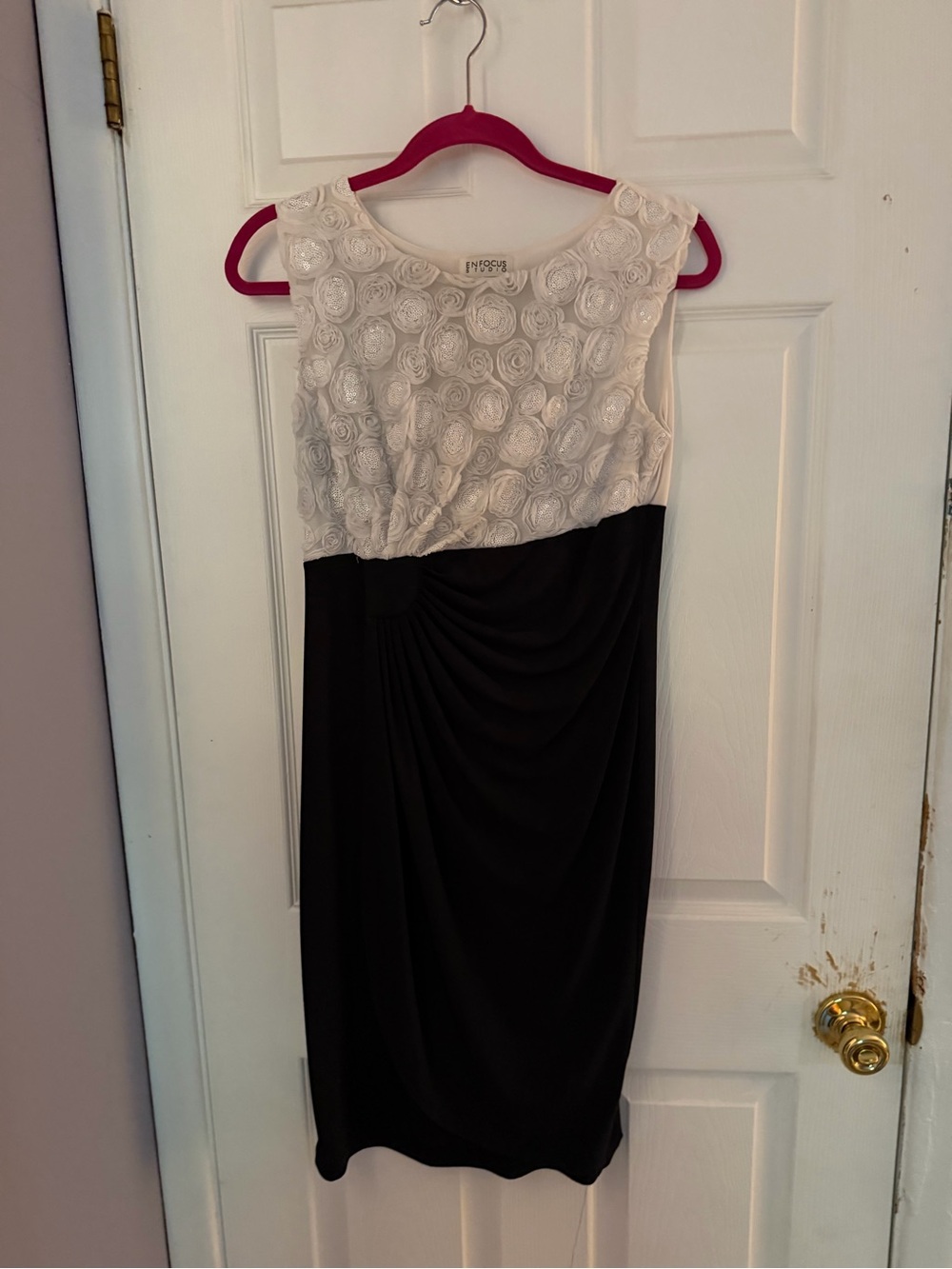 Enfocus Studio Black White Floral Rosette Sequin Draped Dress